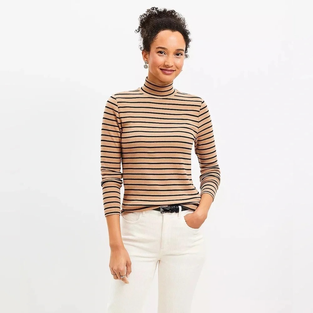 Ann Taylor LOFT Womens Size XL Mock Neck Ribbed Striped Long Sleeve Tee FLAW 211